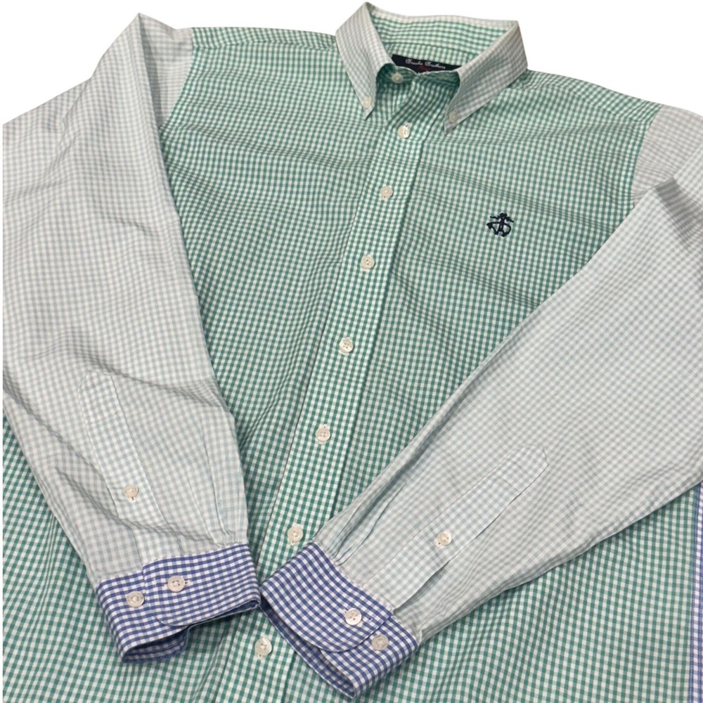 Brooks Brothers Youth Boys XL Green Blue Gingham Non-Iron Button Down Shirt‎